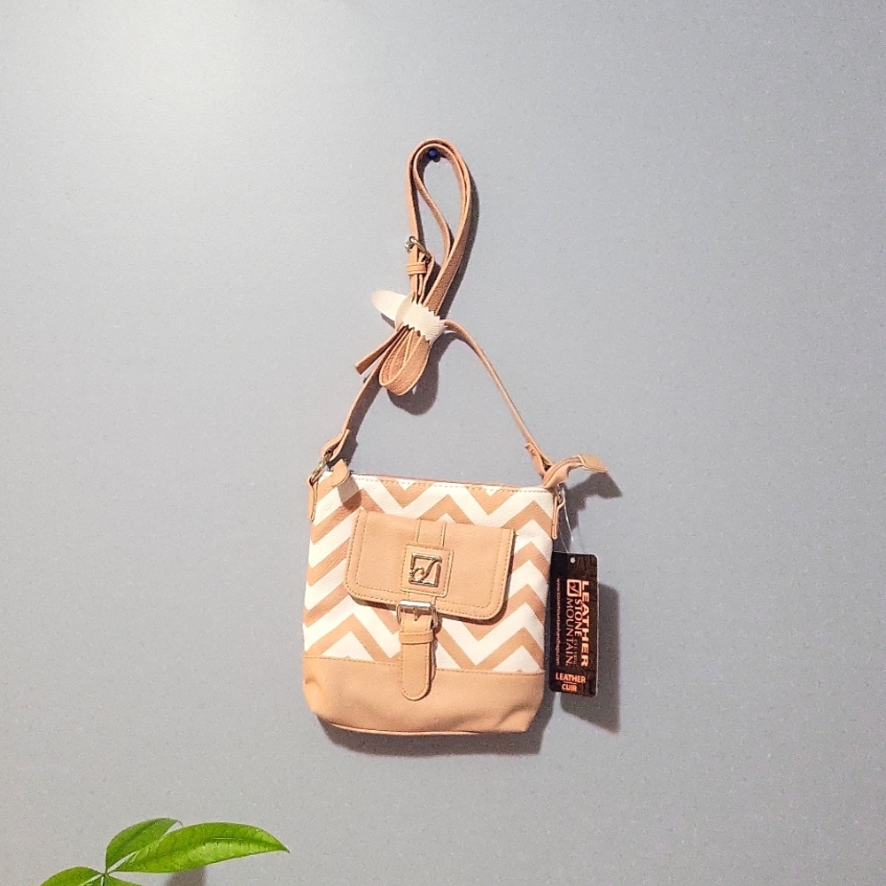 New Stone Mountain Leather Shoulder Bag, White and Blush Chevron